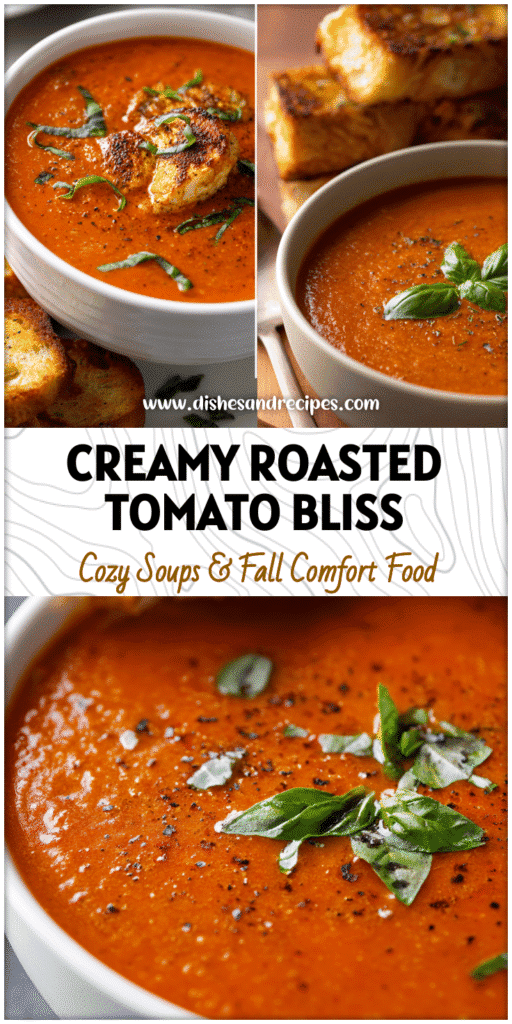 Bowl of Roasted Creamy Tomato Basil Soup with chicken, fresh basil, and toasted bread beside Homemade Tomato Basil Soup.